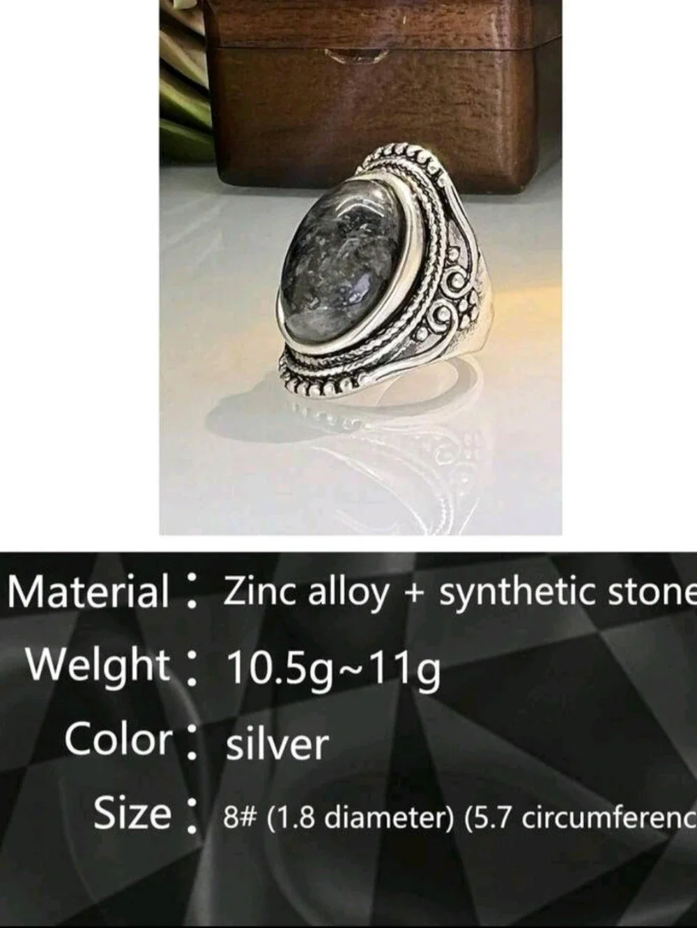 Unisex Vintage Style Oval Moonstone Gemstonr Inlaid Antique Silver Plated Ring
